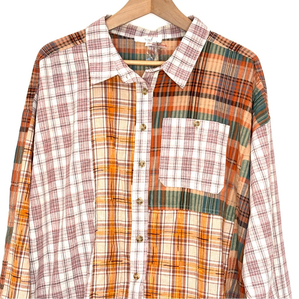 Easel Patchwork Plaid Button Down Shirt Shacket S… - image 4